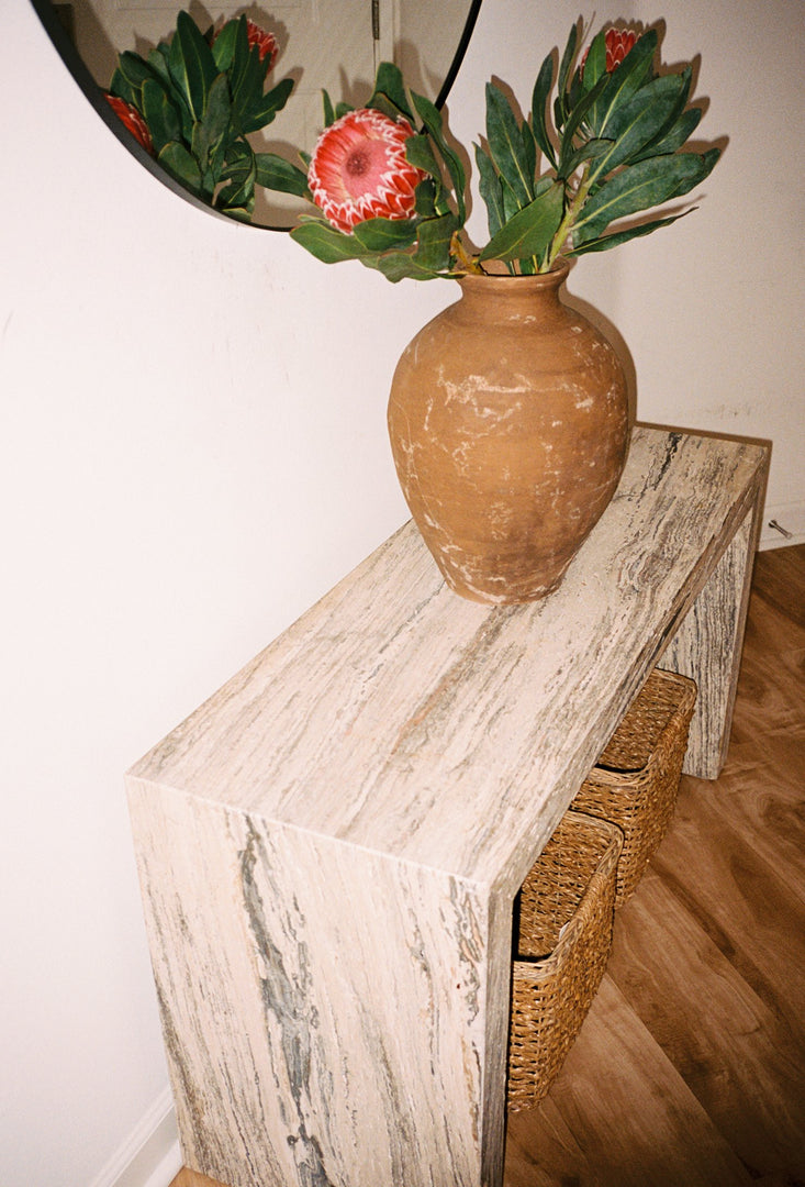 Silver Oak Travertine Console Table - Nostos Series